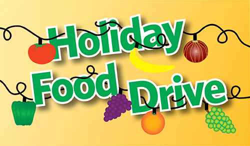 Holiday Food Drive graphic with fruits lighting up