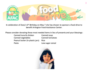 Zoey 6th birthday food drive flyer